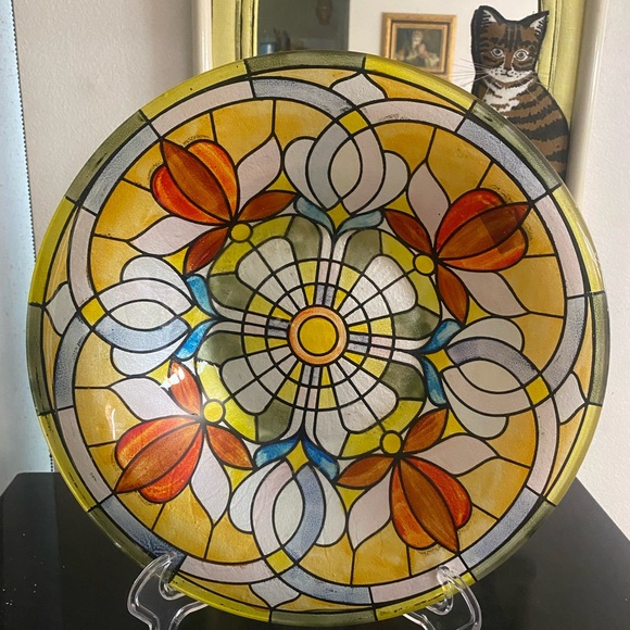 Bird Bath Display Dish Stained Glass Pattern Tiffany Inspired Multi-Color - Picture 6 of 11